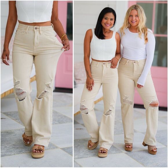 NWT Judy Blue Sandy Toes High Rise Ivory Distressed 90's Straight Leg Jeans - Picture 1 of 11